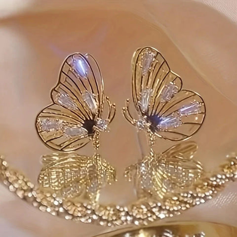 Exquisite Inlaid Synthetic Zirconia Golden Butterfly Earrings Women's Gift Banquet Daily Wear Elegant Earrings
